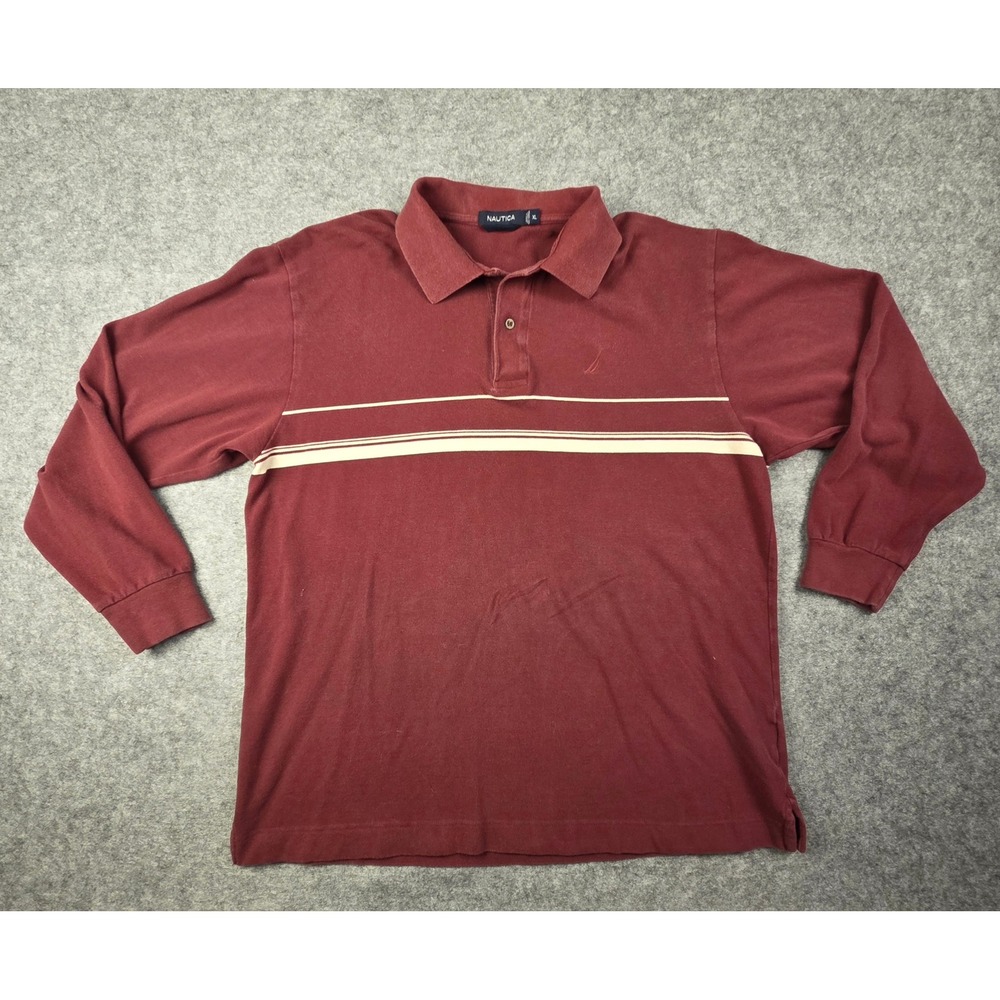 Nautica Mens XL Burgundy Long Sleeve Striped Pique Polo Shirt Cotton